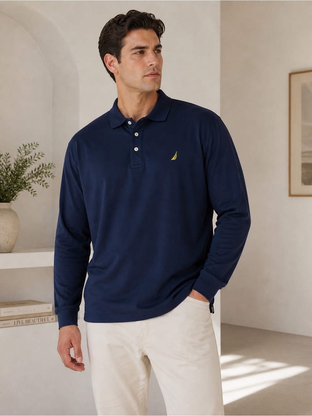 Nautica Navy Long-Sleeve Polo with Yellow Sail Logo